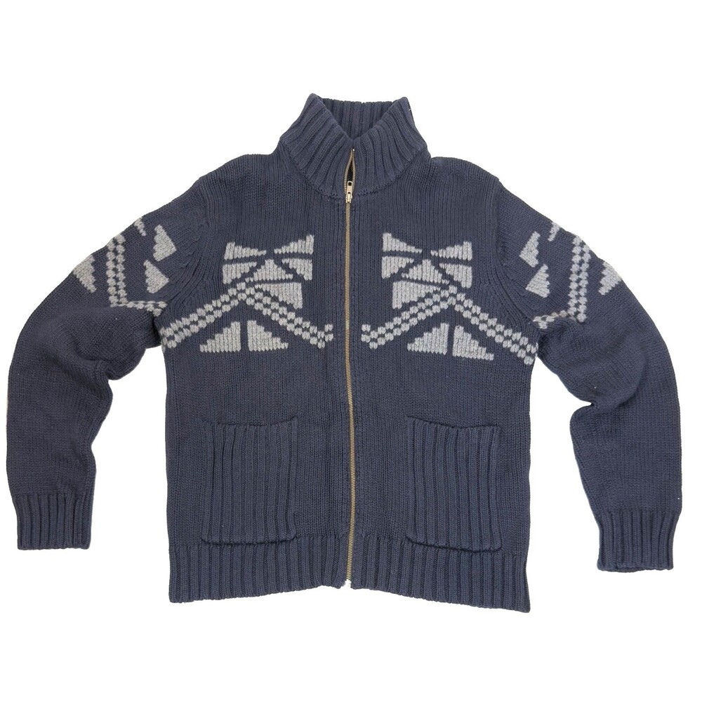 Saks Fifth Avenue Men XL Wool Cotton Full Zip Sweater Navy Geometric Fair Isle - Picture 4 of 8